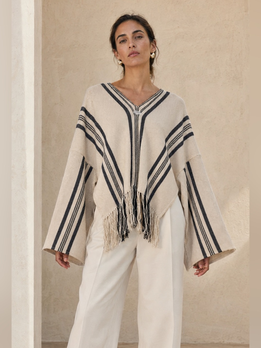 New! Apiece Apart Amelia Ivory Black Stripe Woven Fringe Poncho Sweater 🖤 XS